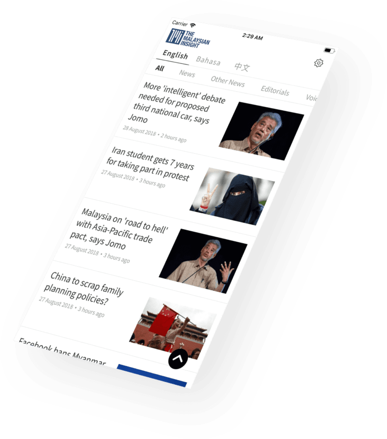 The Malaysian Insight Mobile App Developed by Upstack Studio showcasing the English news home screen