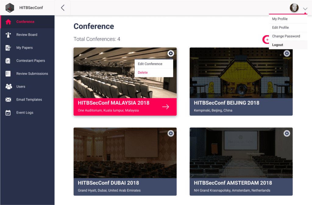 Conference Management feature of the Hack In The Box Call For Paper Web Application