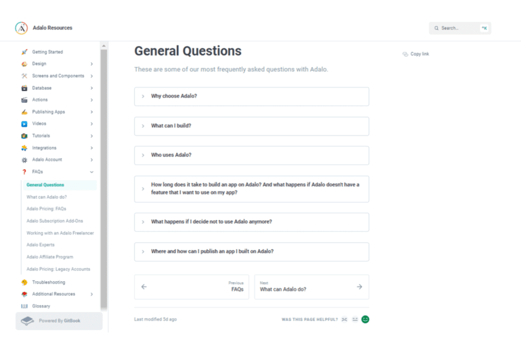 Adalo FAQ section to help users with no code app development
