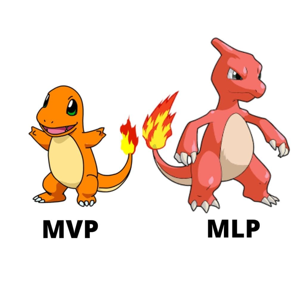 two pokemons evolving to show minimum viable prroduct versus minimum lovable product