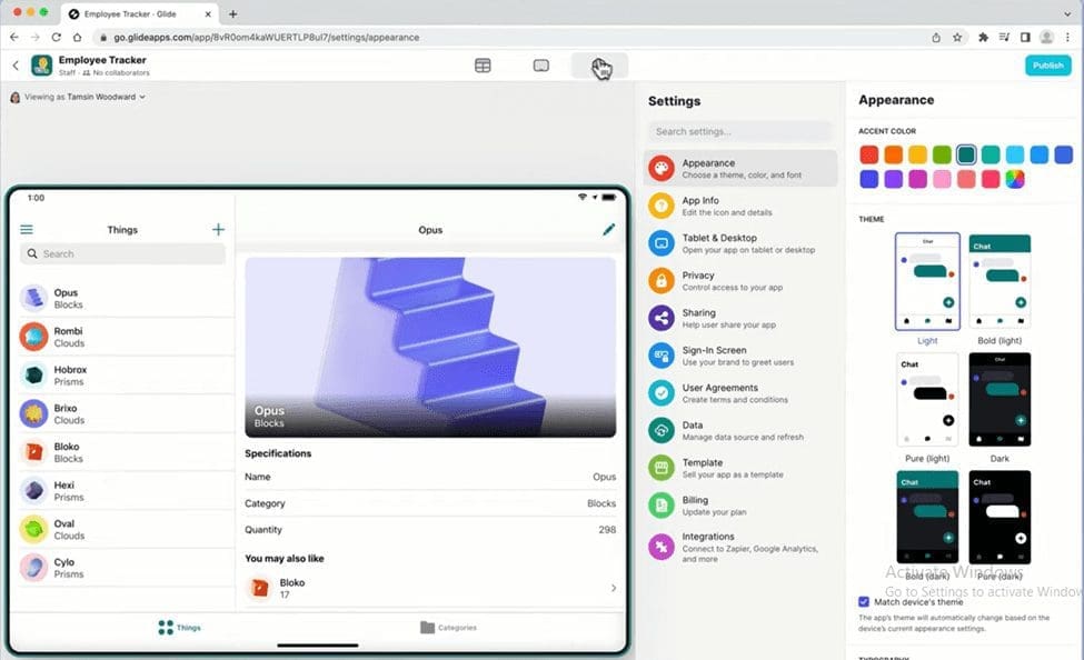 Glide Apps user interface to show a no-code app builder in action