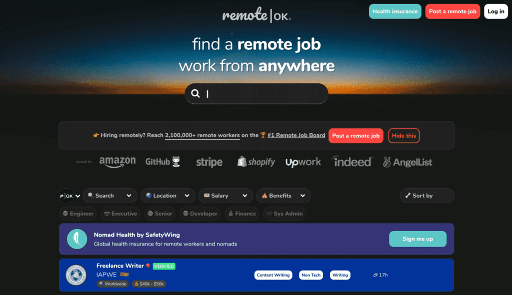 remote ok homepage to show a profitable marketplace app