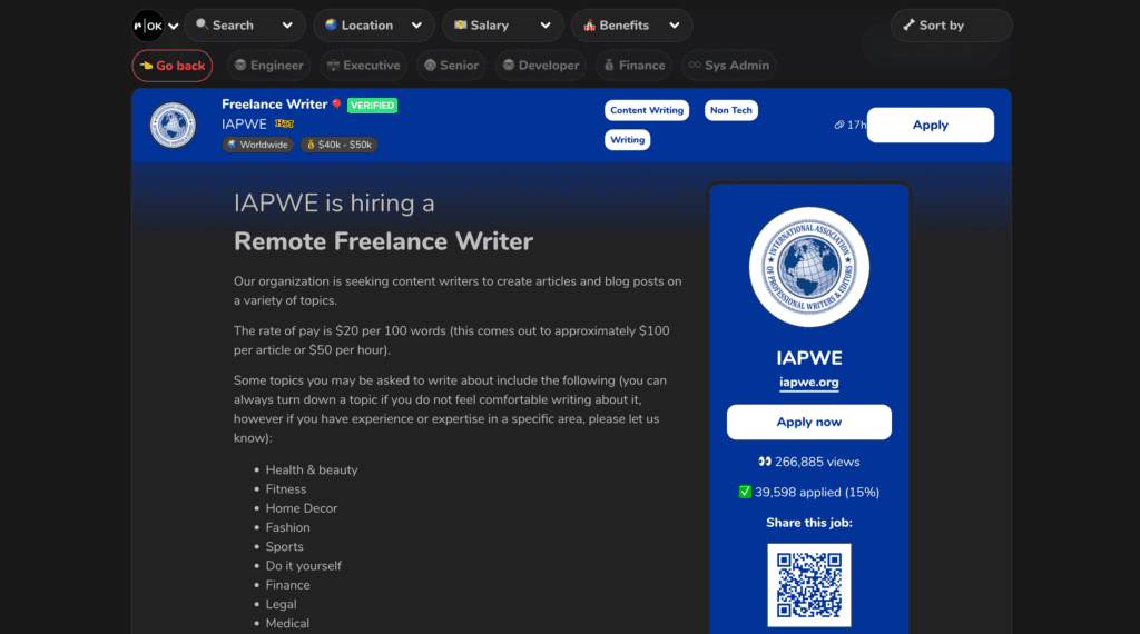 Example of job posting in remote ok app