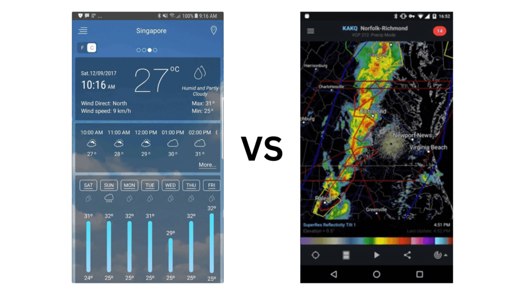 Comparison between the built-in weather app and RadarScope user interface