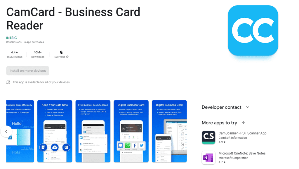 camcard google play store page showing app revenue model examples