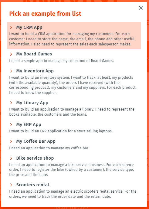 appifytext user interface on choosing the list of available prompts based on their app descriptions
