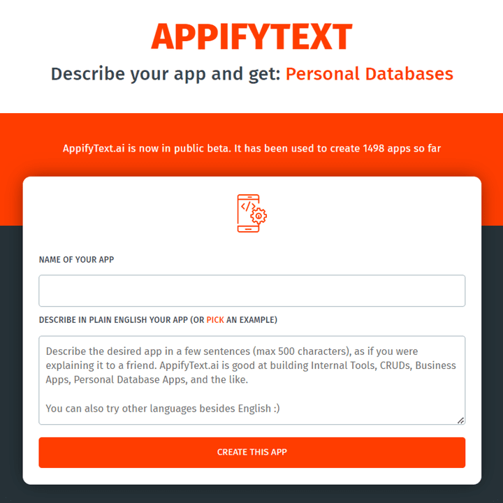 user interface of appifytext for generating simple app from descriptions