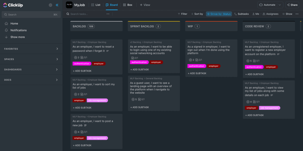 clickup interface showing that the clients have full transparency on the works done by offshore developer team