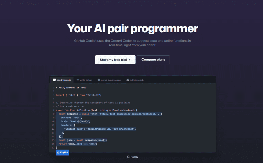 github copilot ui to show an example of ai software development tools