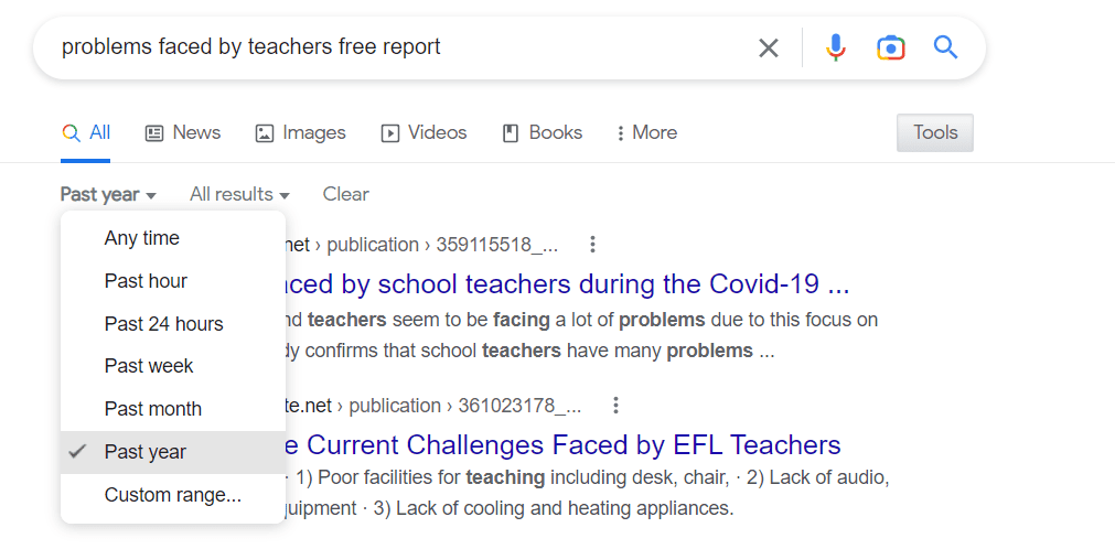 google search result pages for problems faced by teachers free report