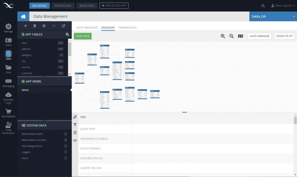 user interface of backendless dashboard