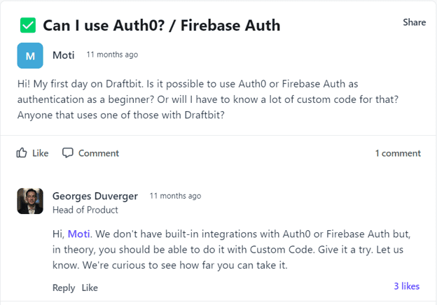 screenshot of a question in forum on whether users can use Auth0 and Firebase Auth in Draftbit