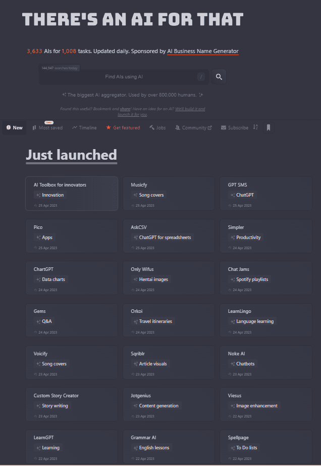 front page of there's an ai for that to show how hard it is to find ai business tools