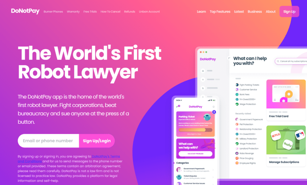 website homepage of donotpay world first robot lawyer utilizing gpt-4