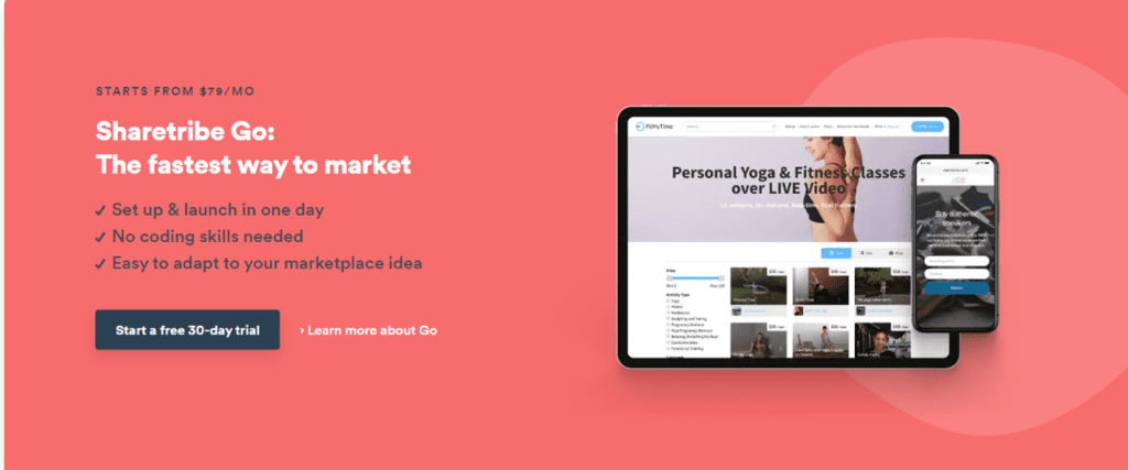 sharetribe go plan which is a great drag and drop website builder for marketplace apps