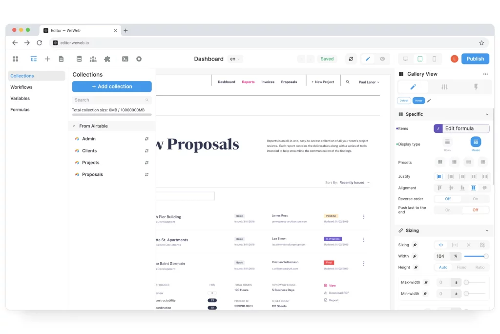 weweb editor screenshot to show example of a drag and drop no code web app builder