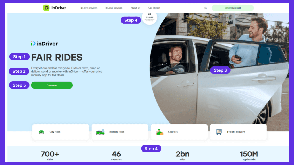 indrive website as an example of an abovethe fold b2c app landing page