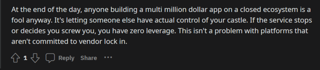 bubble.io vendor lock in causing a redittor problem