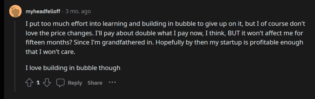bubble.io price changes causing a redditor to pay double