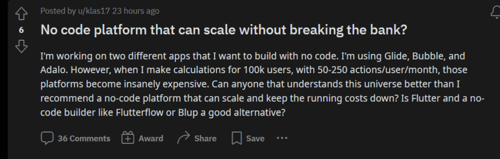 question on how to scale cost effectively using no code app