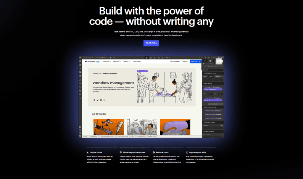 webflow homepage with a drag and drop