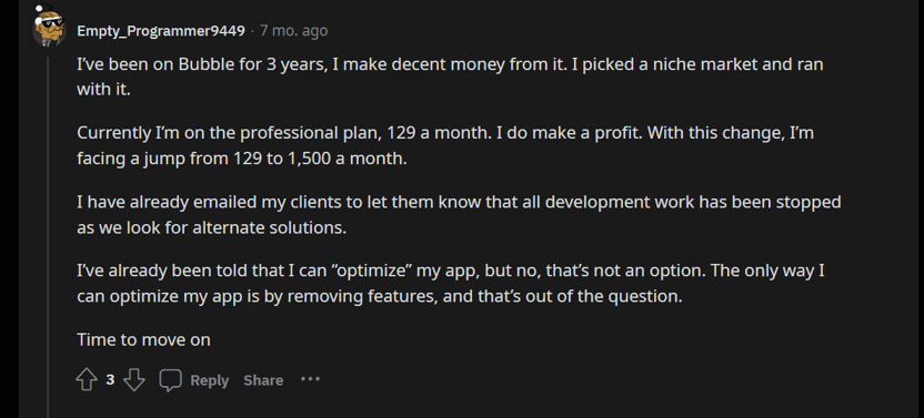 reddit user complaining about bubble.io price increase