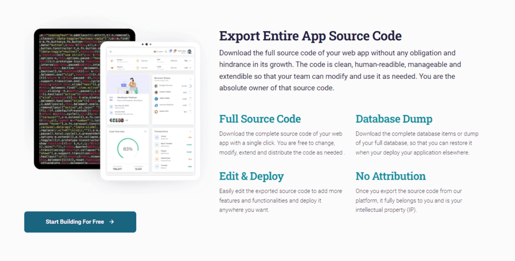 no code app builder with the ability to export entire app source code