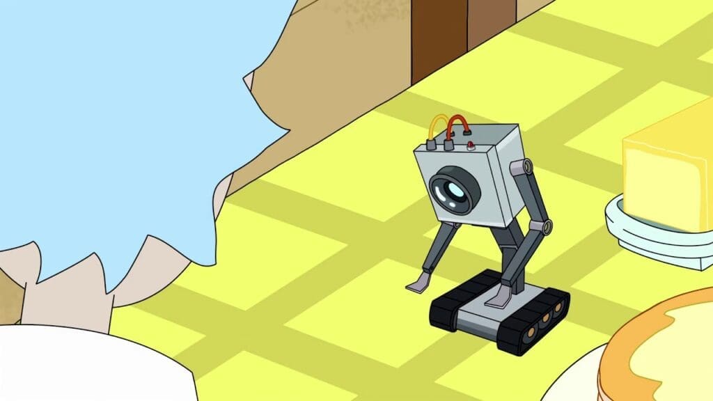Robot from 'Rick and Morty' passing butter, humorously referencing task automation AI