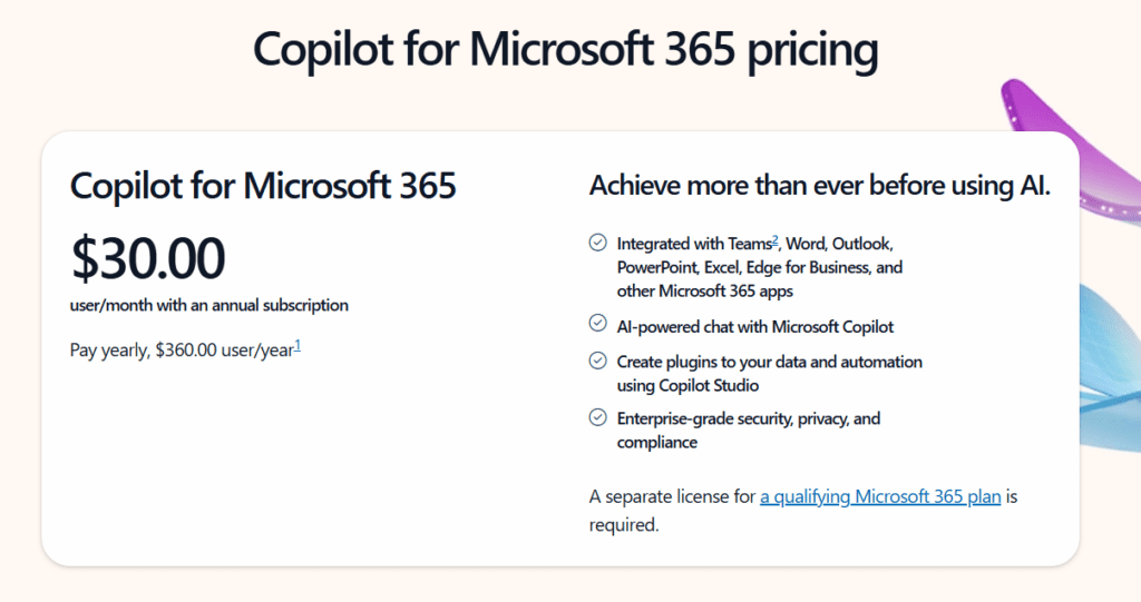 copilot microsoft 365 pricing table