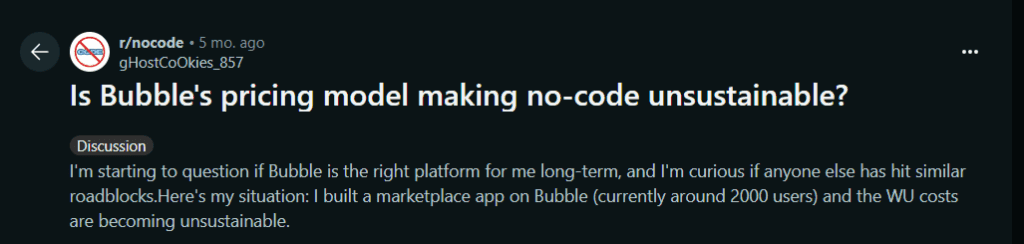 bubble user on reddit complaining about high costs for workload units