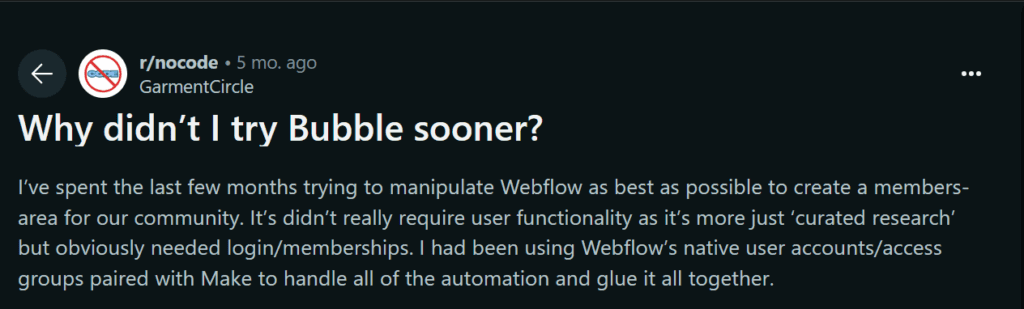 reddit user on no code subreddit expressing gratitude for bubble io
