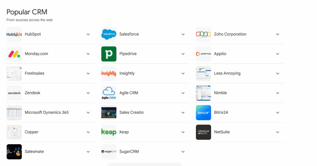 list of popular crm solutions to show how many there are and why most businesses don't need a custom one
