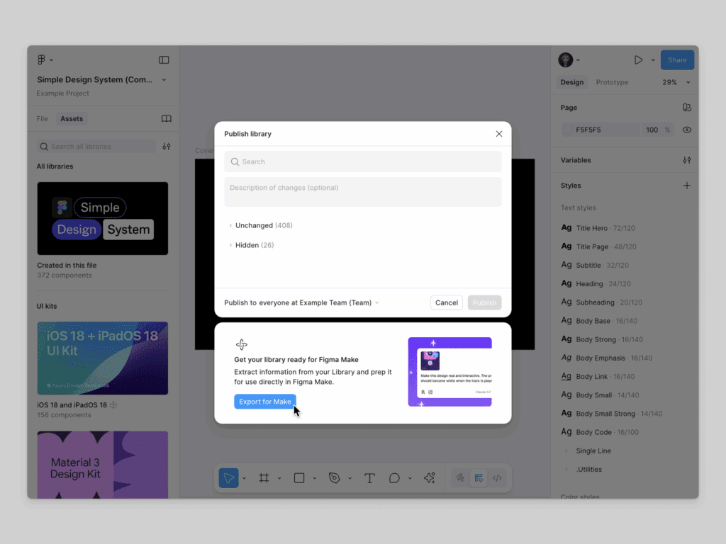 exporting figma design libraries into figma make