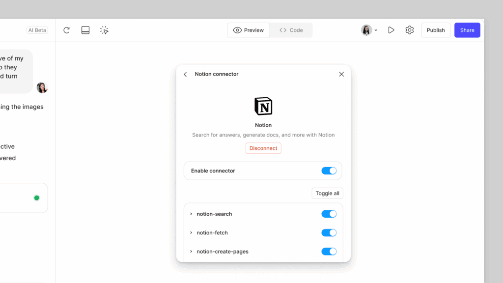 screenshot showing notion base conencted to figma make