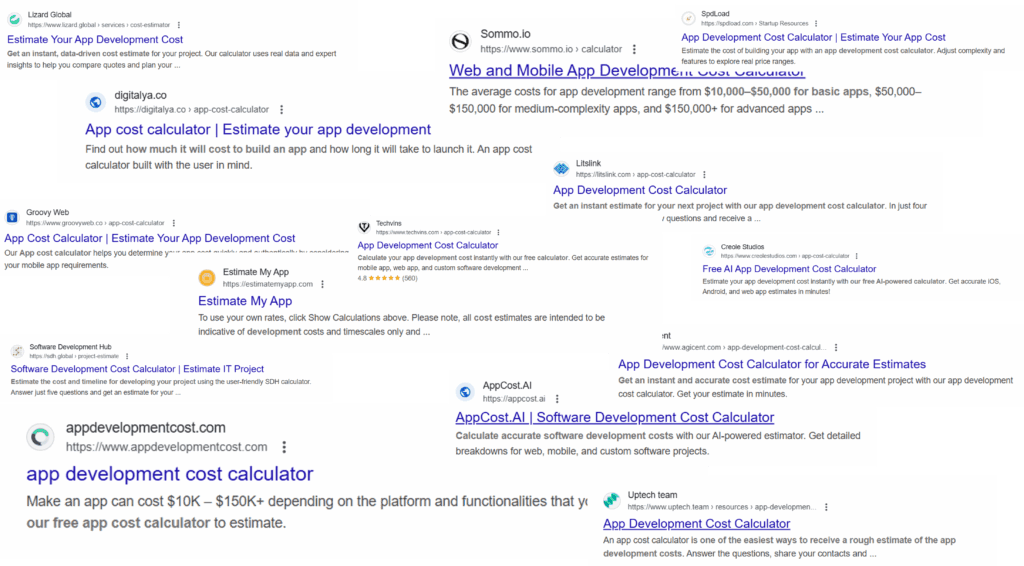 screenshot of google search results showing different app development cost calculators